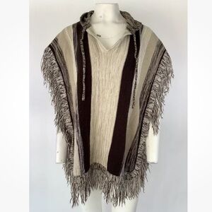 Vintage 1970s Kimlon One Size Fringe Trim Striped Poncho Sweater Brown